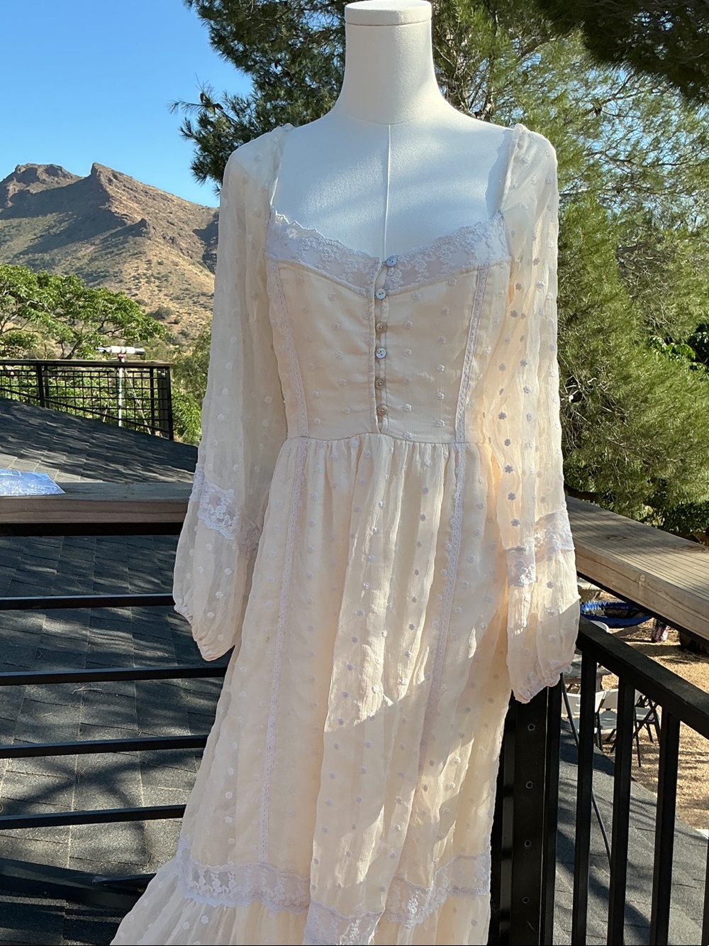 Vintage-Inspired Ivory Swiss Dot Midi Dress with Lace Trim